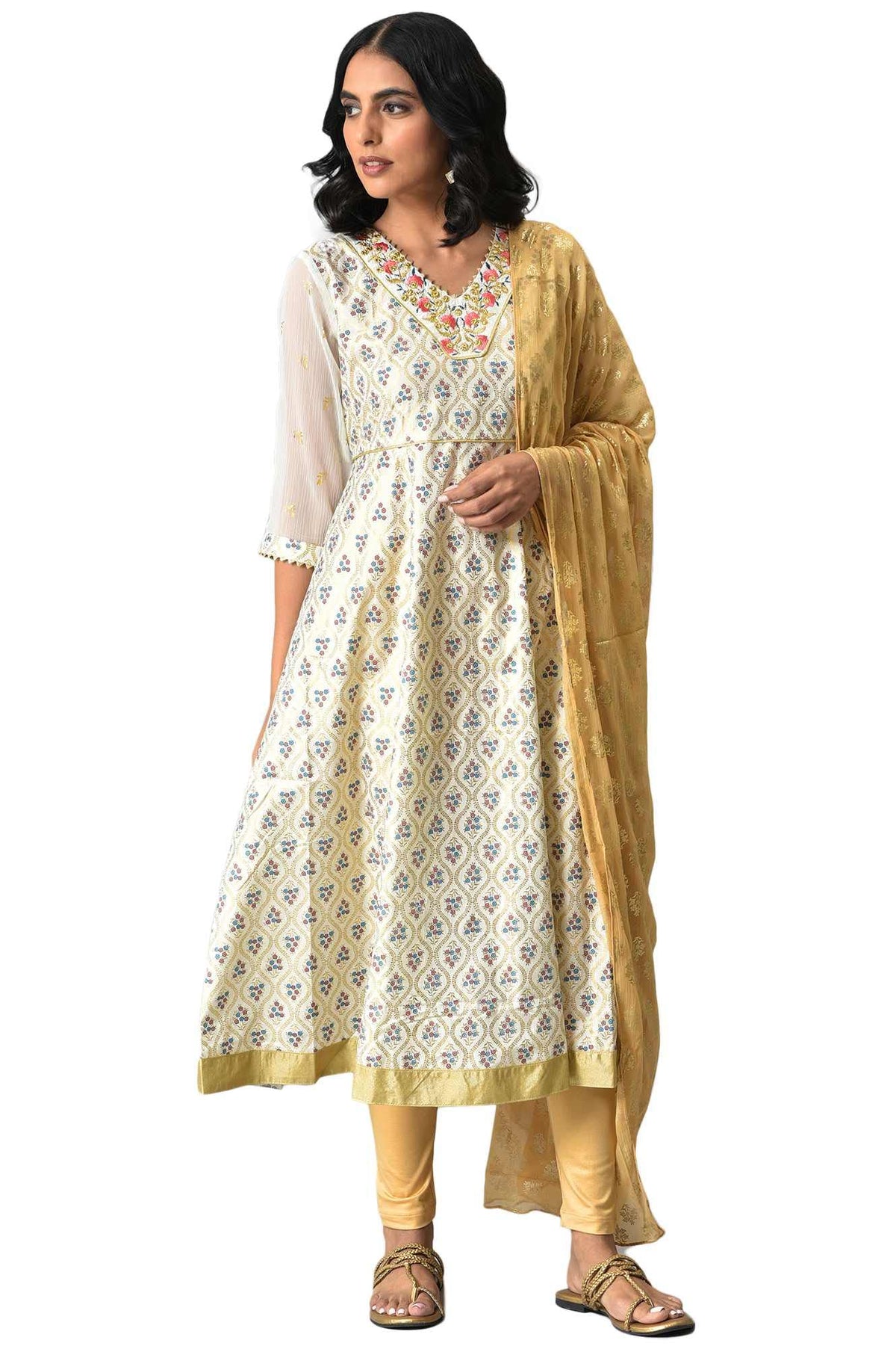 Aurelia Women White Zari Embroidered Kurta With Golden Tights And Printed Dupatta_22Aud10484-504050_S