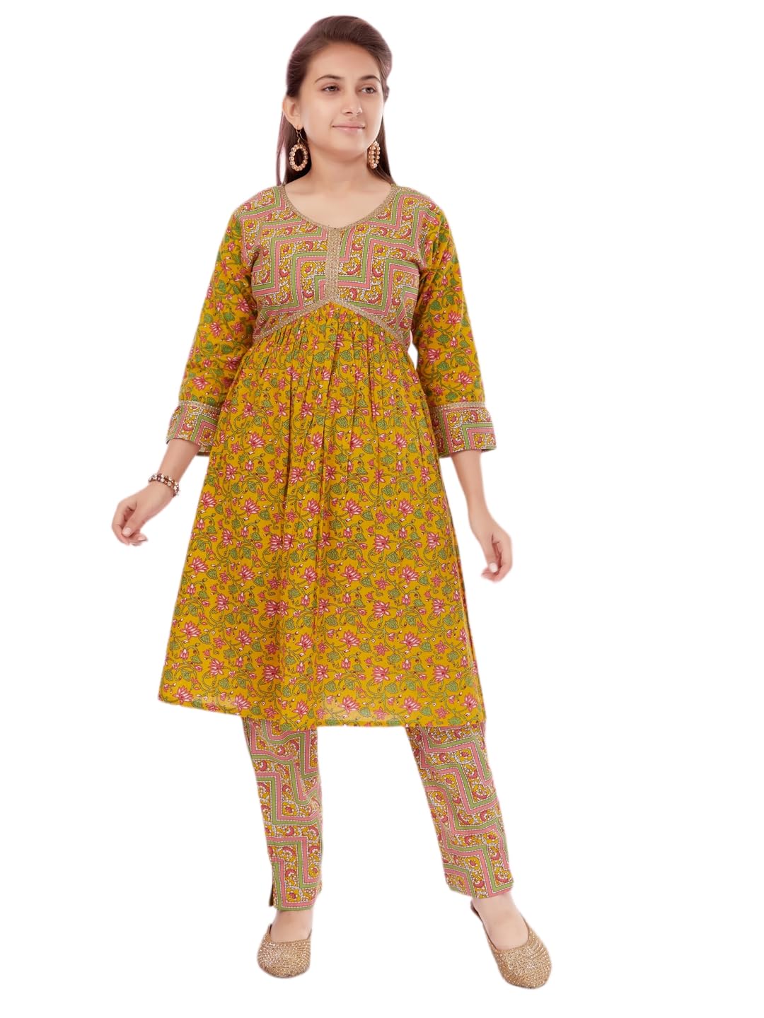 Aarika Girls Yellow-Green Colour Cotton Floral Print Kurti Pant (KP-K-733-YELLOW-32)