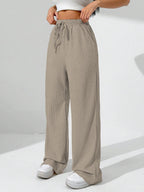 Sugathari Womens Beige Loose Wide-Leg Pants with Textured Wrinkled Fabric and Drawstring Waist Long Trousers (Trouser 157 Beige
