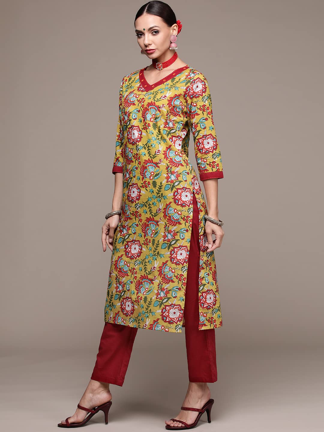 Anubhutee Women'S Cotton Green Floral Printed Straight Kurta Suit Set With Pants And Dupatta