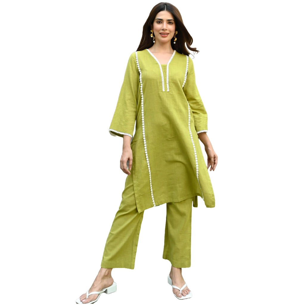 GoSriKi Womens Cotton Blend Solid Ethnic Co-ord Set (THARA Mehandi-GS_S_Green_Small)