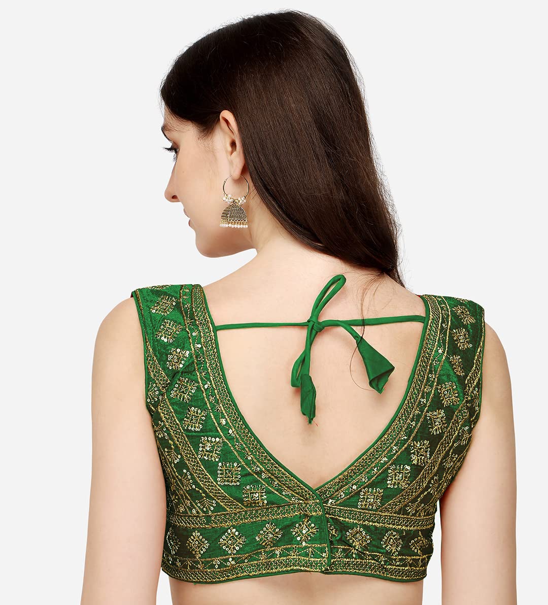 Pujia Mills Womens Silk Embroidery Sleeveless Sequins Zari Work Readymade Saree Blouse