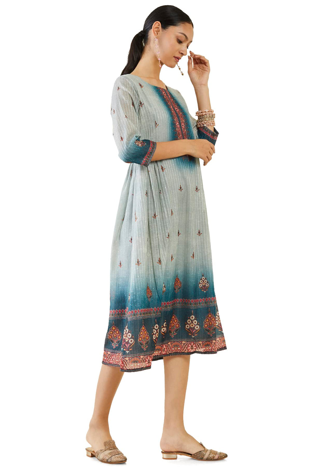 Soch Women Grey Chanderi Striped Kurta