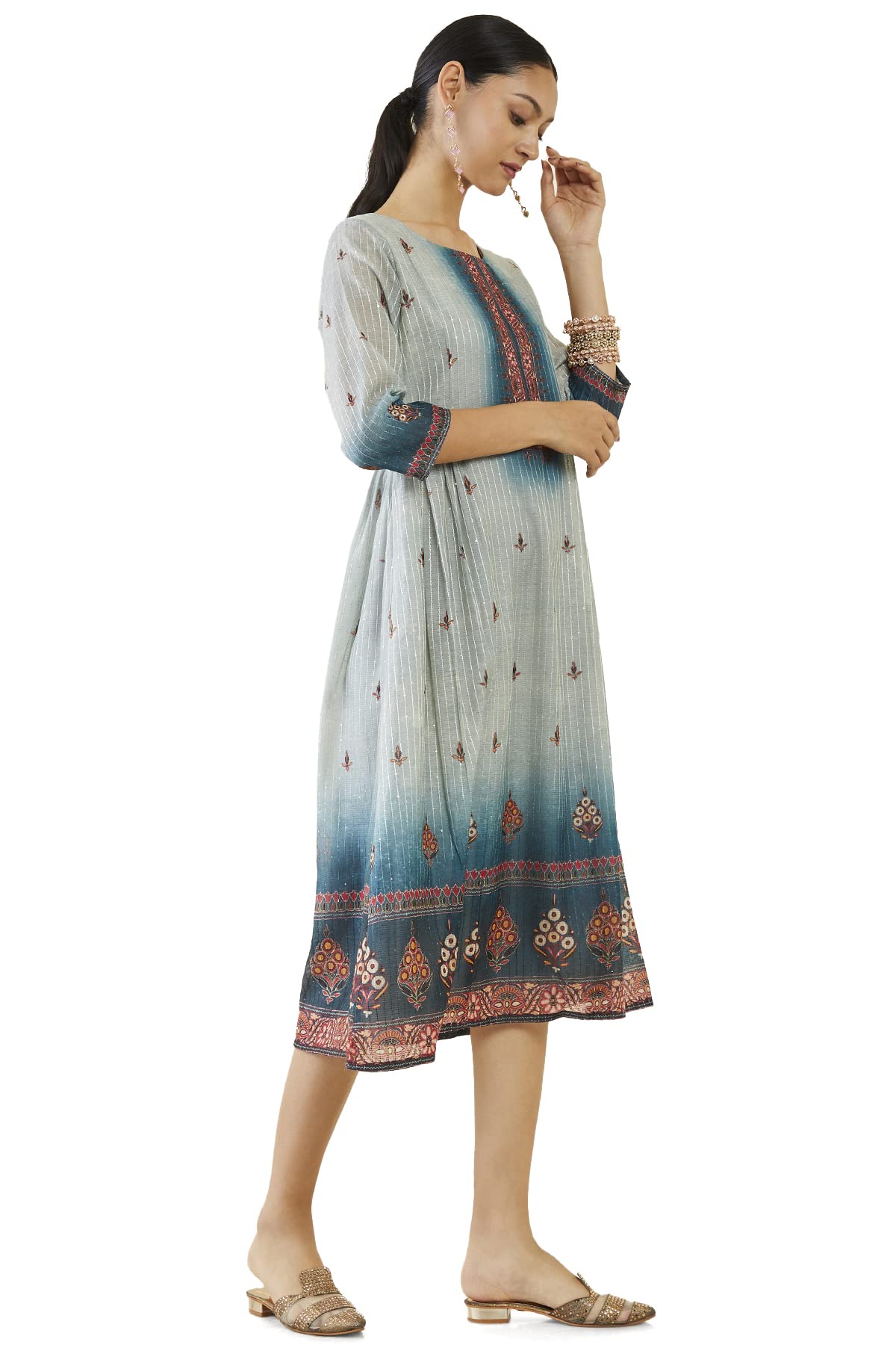 Soch Women Grey Chanderi Striped Kurta