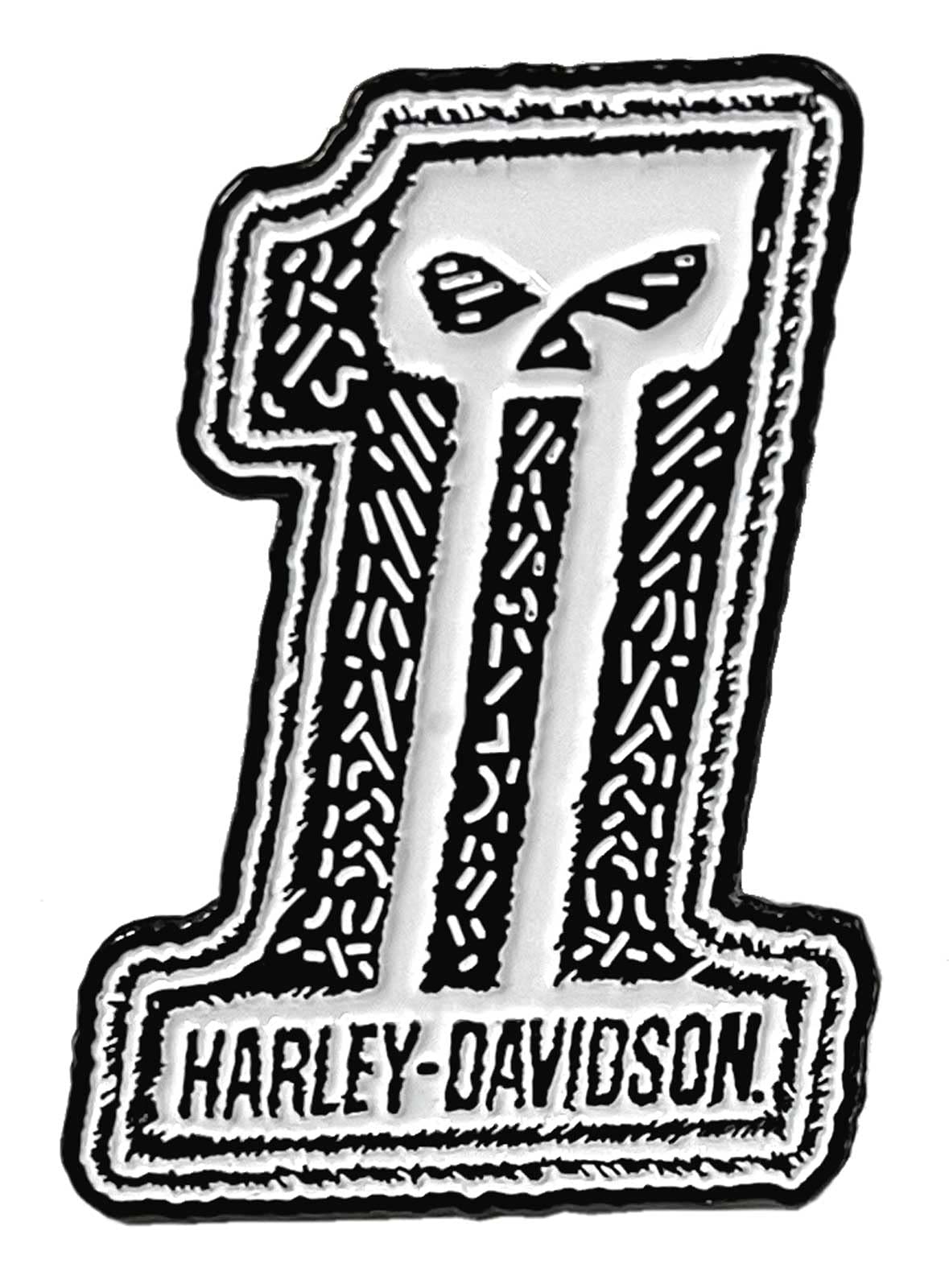 Harley-Davidson 1.25 in. Distressed Dark Custom #1 Skull Metal Pin, White Finish