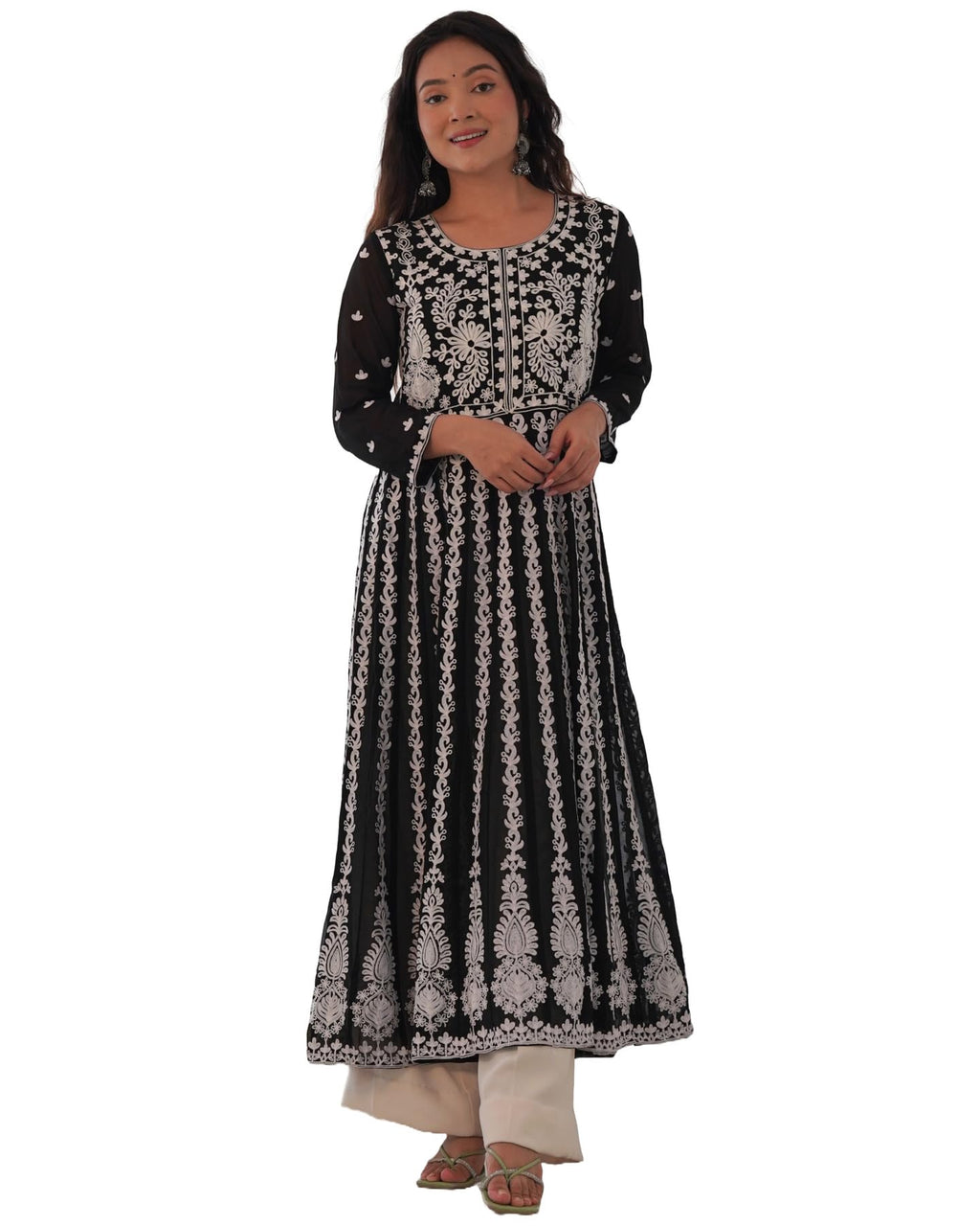 ANNI DESIGNER Womens Georgette Chikankari Embroidered Anarkali Kurti (Kari Black-KBV_L_Black_Large)