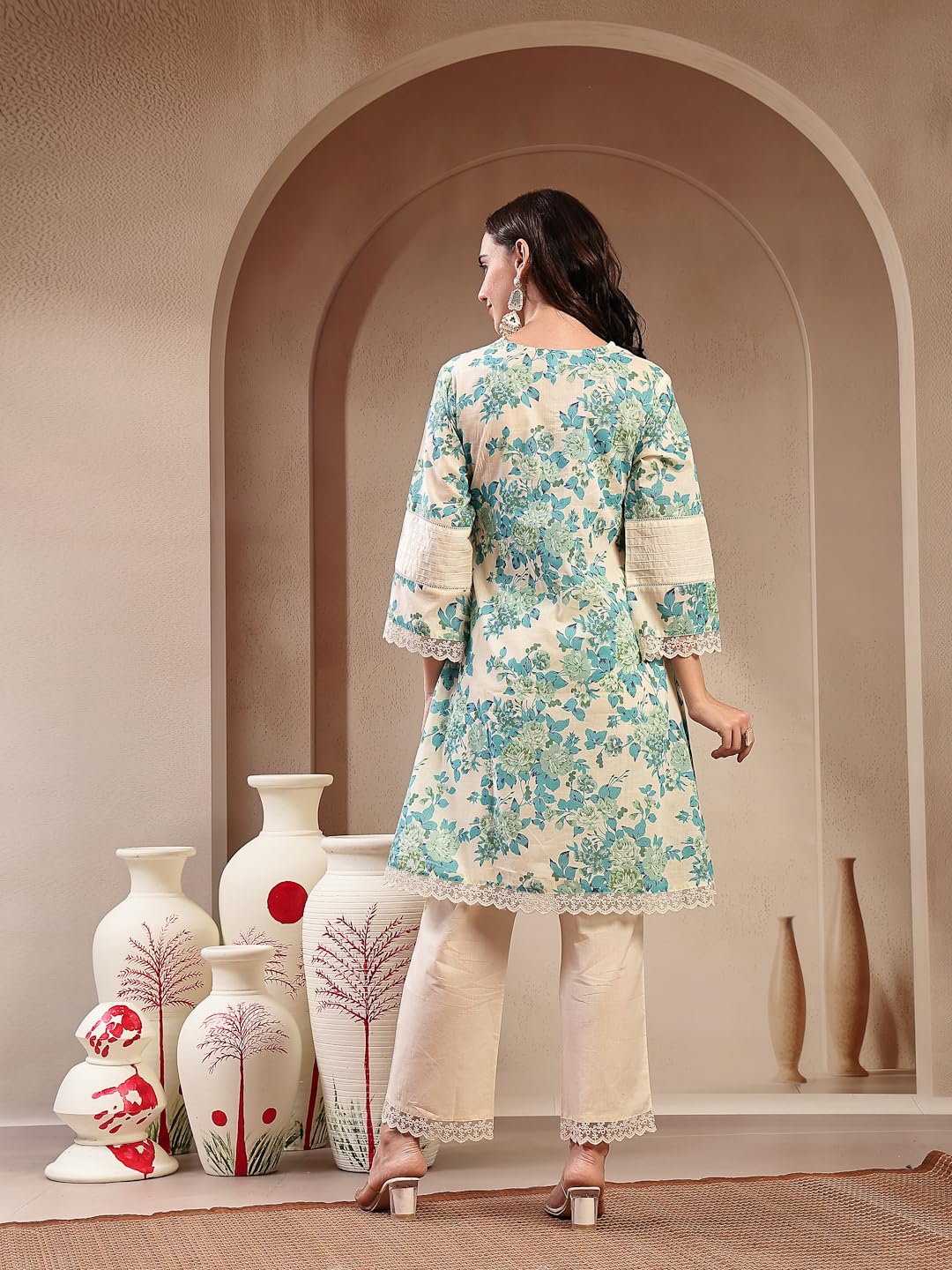 Stylum Womens Sky Blue Floral Printed Cotton Kurti Pant Set