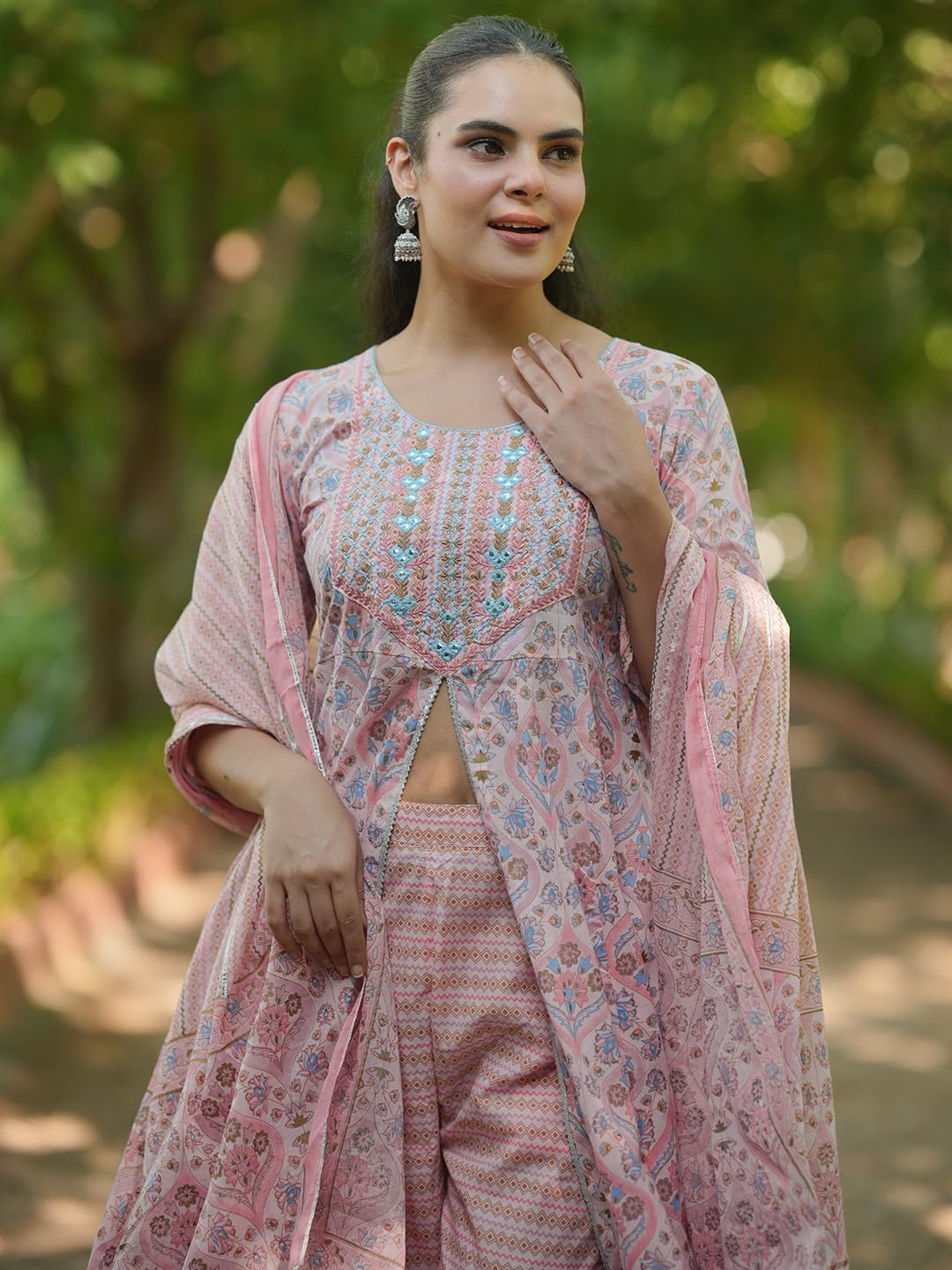 Libas Womens Printed Cotton A-Line Kurta With Palazzos And Dupatta