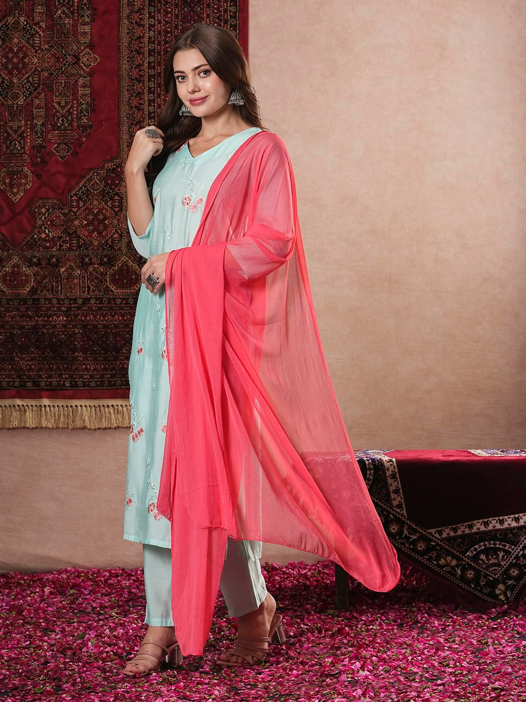 ANNI DESIGNER Women s Rayon Blend Kurta with Pants and Dupatta, Green, S