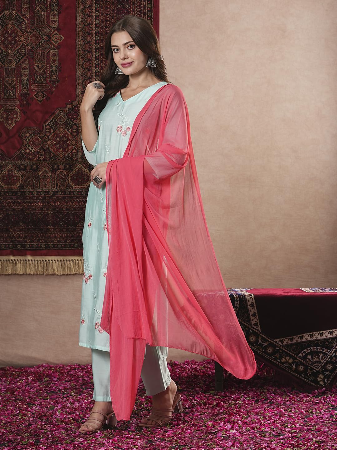 ANNI DESIGNER Women s Rayon Blend Kurta with Pants and Dupatta, Green, S