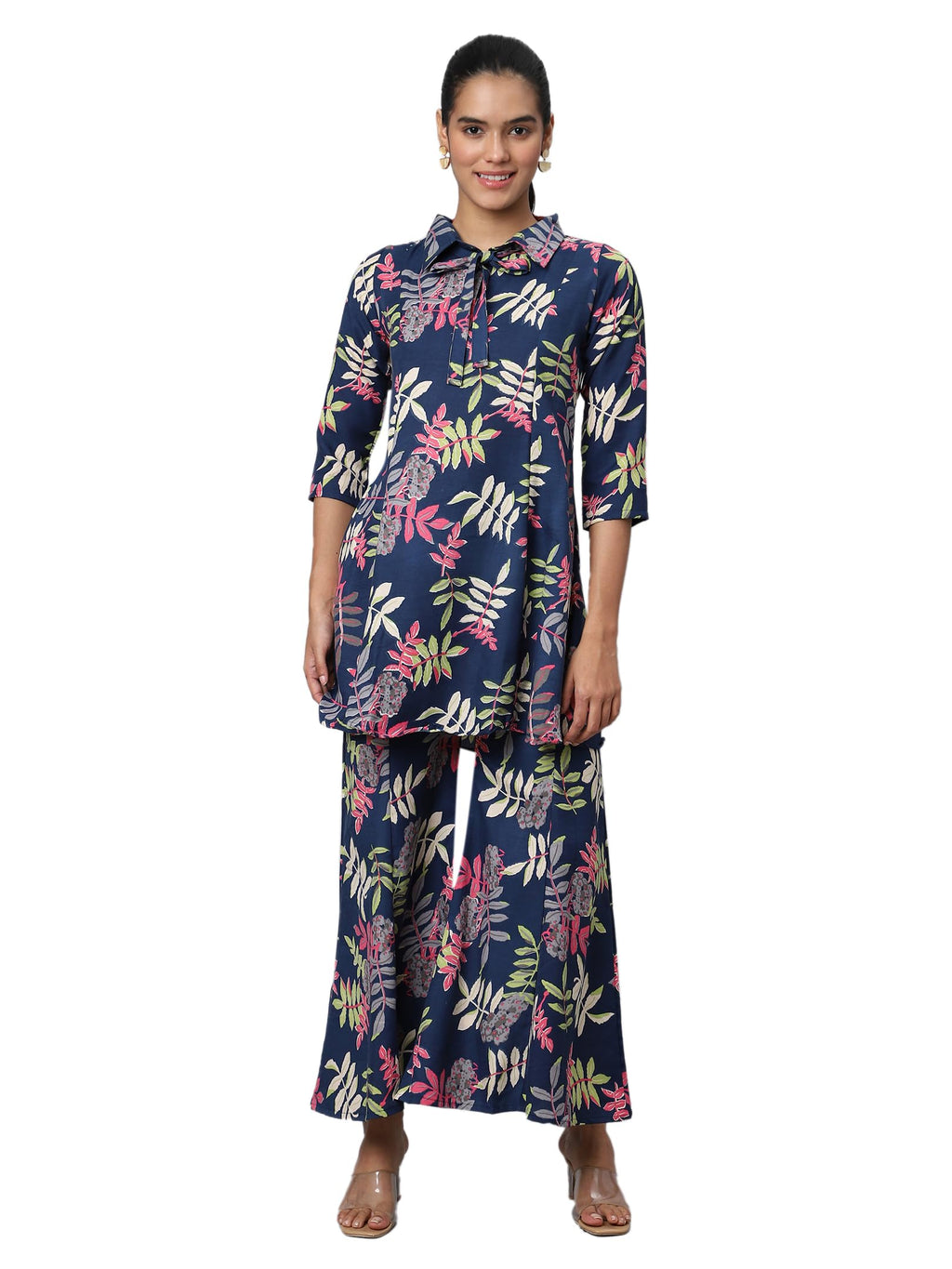 Shasmi Soft Maslin Silk V Neck Co-Ords Set For WomenS | Printed Shirt & Bottom Set For Women | Suit Set | Two Piece Dress (Co-O