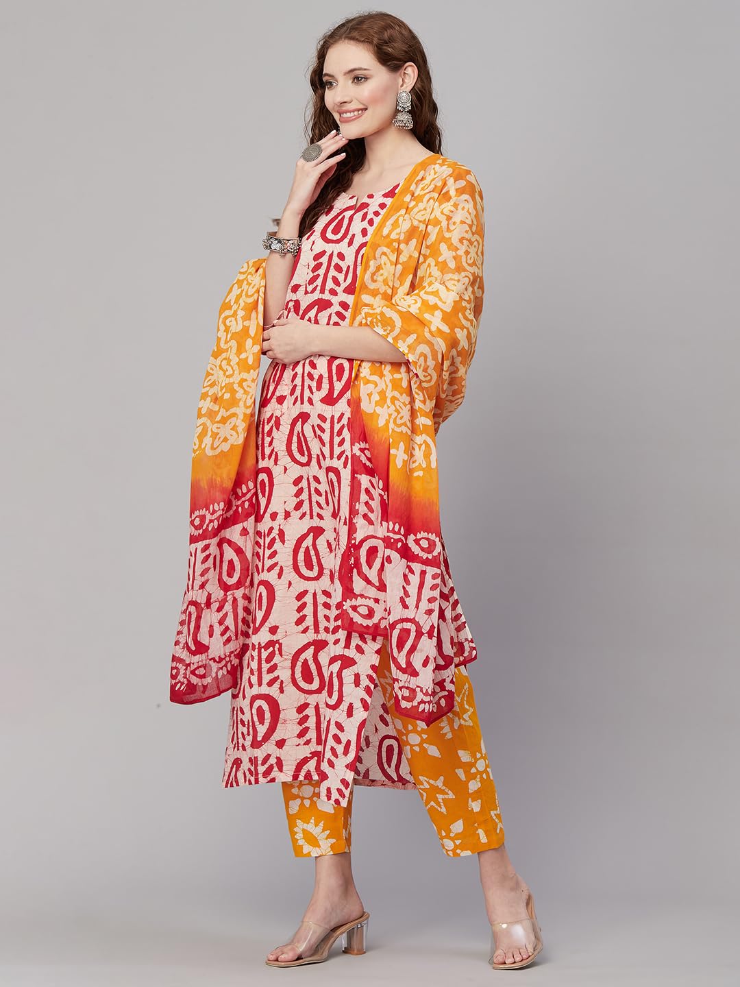ANNI DESIGNER Womens Cotton Blend Printed Straight Kurta with Pant & Dupatta (Tiguna-Pink_M_Pink_Medium)