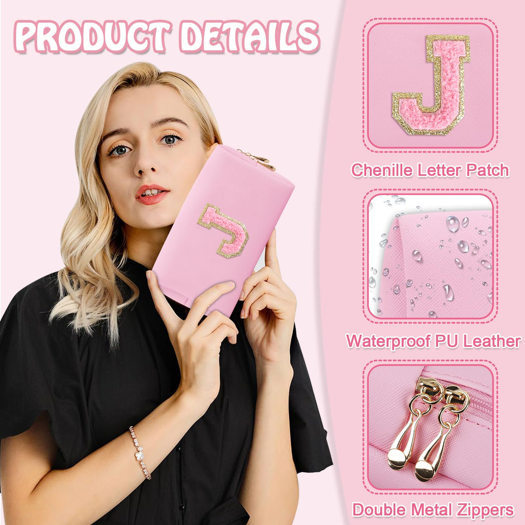 Personalized Preppy Small Travel Makeup Bag, Initial Chenille Letter Pink Makeup Bag Cosmetic Pouch Toiletry Organizer, PU Leath