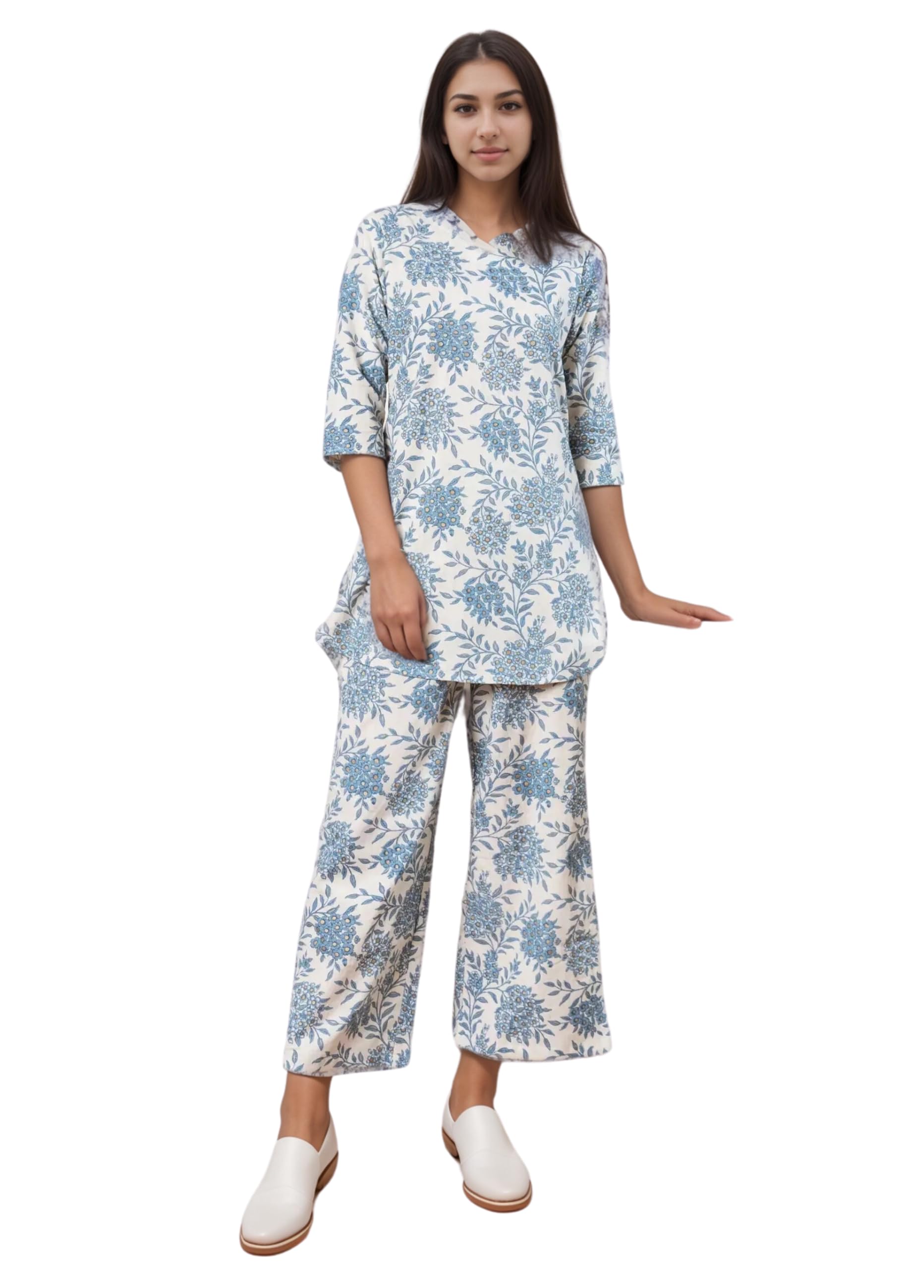SMOWKLY Womens Printed Rayon Slub Mid Thighs Short Kurti With Relaxed Fit Pant Sylish Co-Ords Set || Trendy 3/4 Sleeve Kurta & 