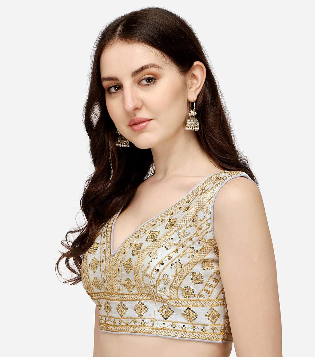 Vihu Fashion WomenS Silk Embroidery Sequins Zari Work Readymade Saree Blouse