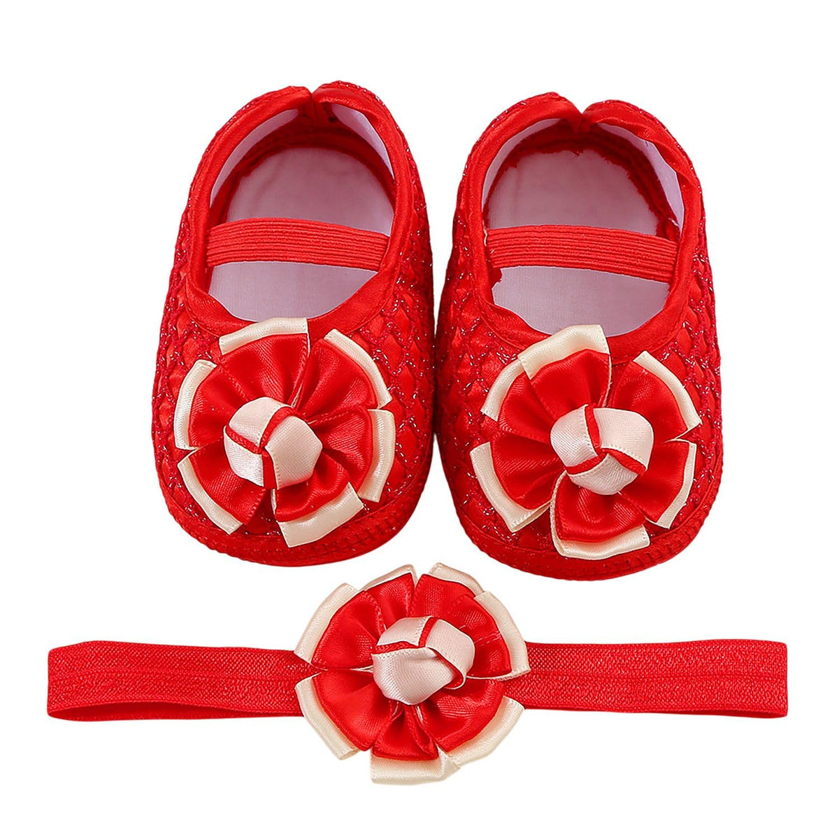 Syga Baby Flower Hairband & Shoes Set Soft, Comfortable Fit For Ages 318 MonthOldS Ideal For Newborns & Toddlers(Red) 0-12