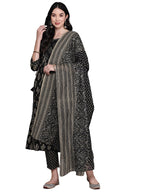 Anubhutee Women'S Pure Cotton Ethnic Motifs Printed Black Straight Kurta Suit Set With Trousers Dupatta