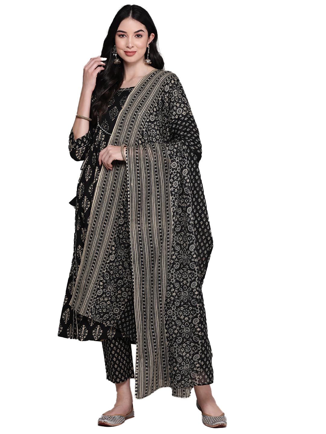 Anubhutee Women'S Pure Cotton Ethnic Motifs Printed Black Straight Kurta Suit Set With Trousers Dupatta
