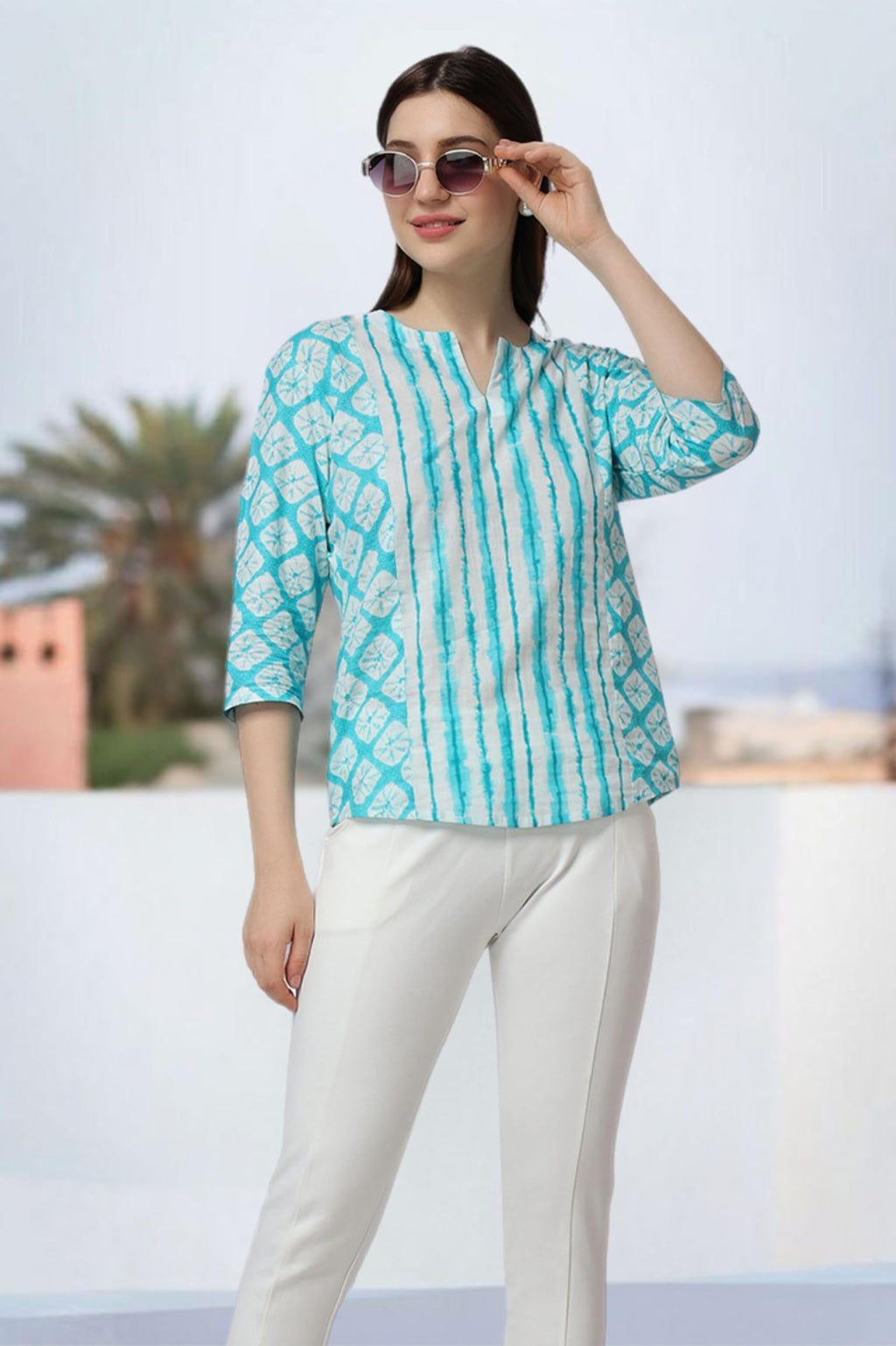 Popwings Cotton Geometric Regular Kurti (Women Printed Short Kurta_Sky Blue & White