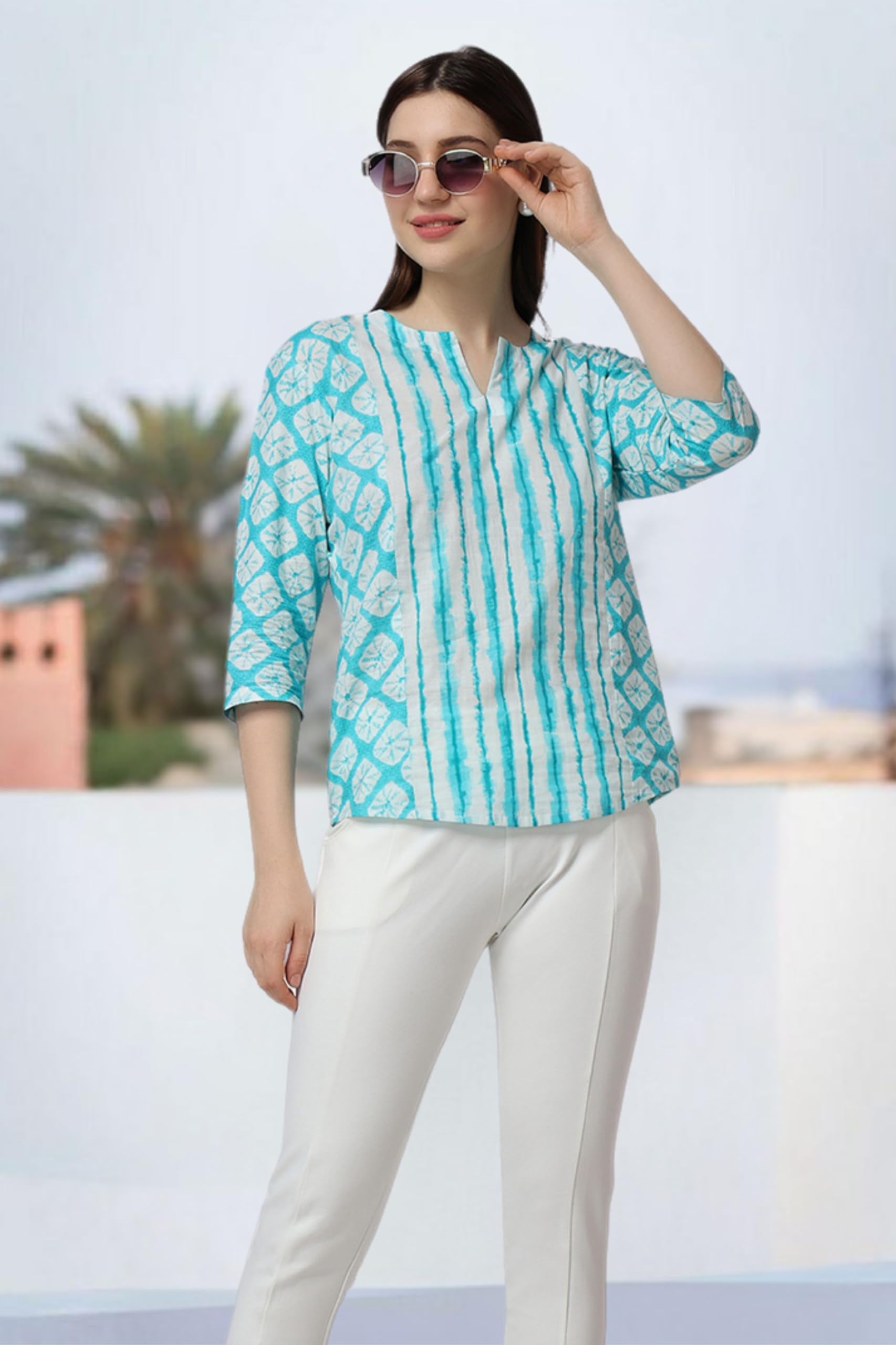 Popwings Cotton Geometric Regular Kurti (Women Printed Short Kurta_Sky Blue & White