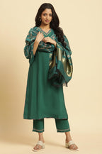 W For Woman Green Solid Kurta, Pants And Jacquard Dupatta (Size: M)-23Auws19528-220336