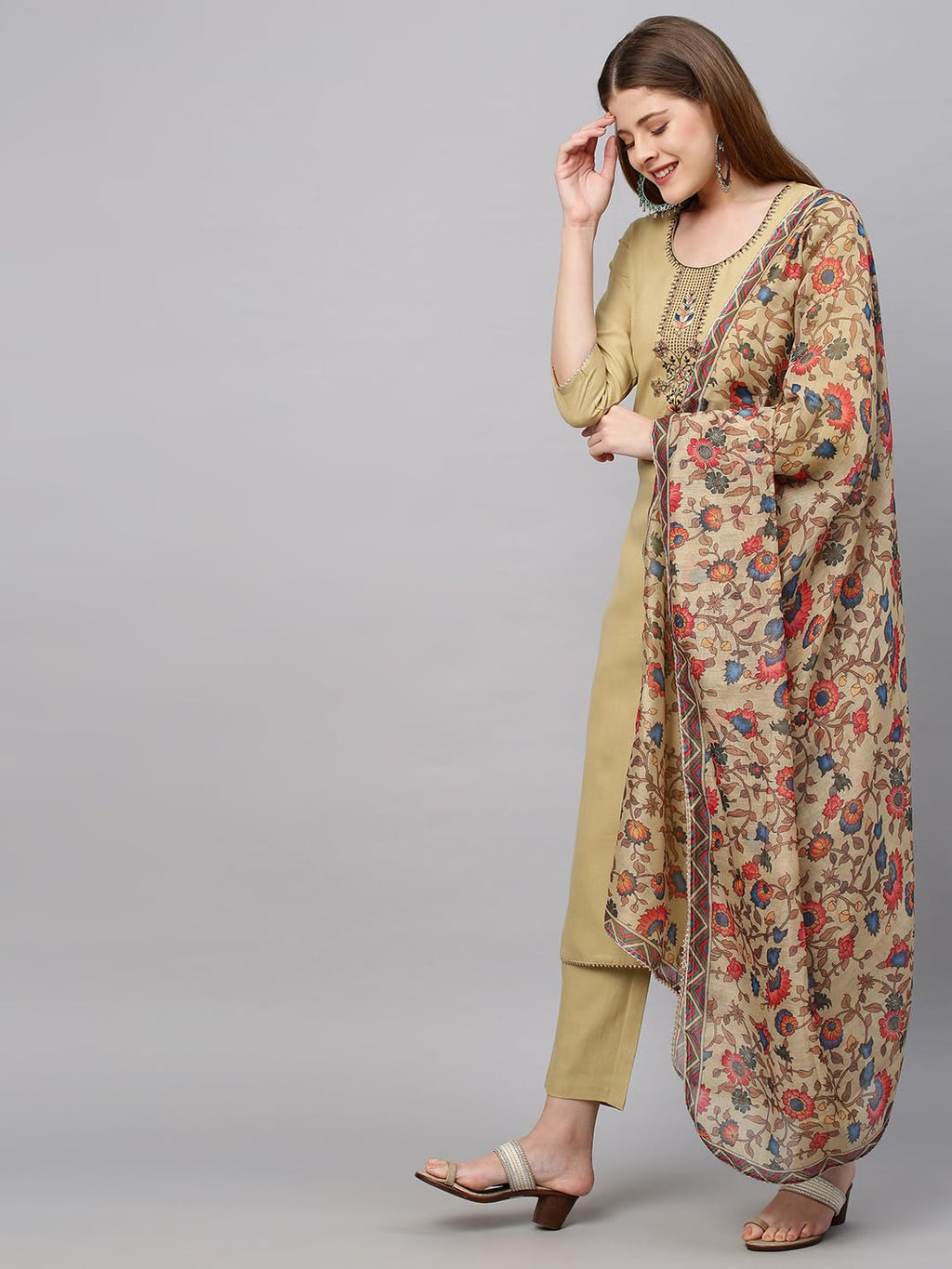 ANNI DESIGNER Womens Cotton Blend Straight Printed Kurta with Pant & Dupatta (Authentic Beige_L_Large_Beige)