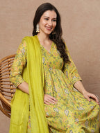 ANNI DESIGNER Women s Regular Floral Rayon Kurta with Pants and Dupatta, Green, 36