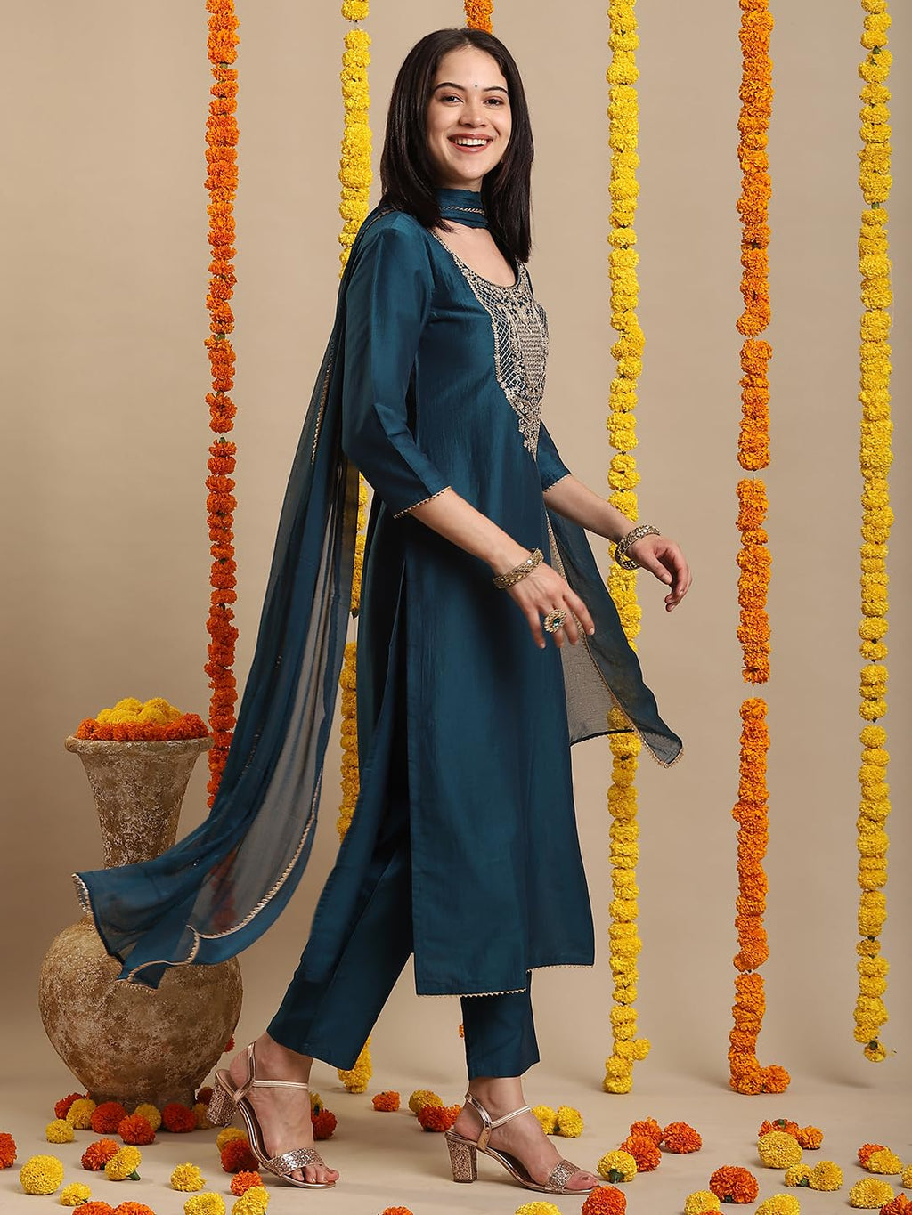 ANNI DESIGNER Women s Straight Embroidered Rayon Blend Kurta with Pants and Dupatta, dark blue, XL
