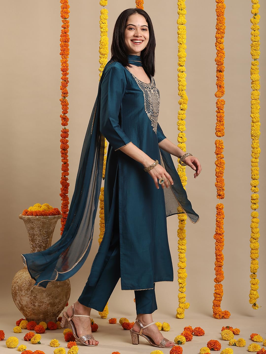 ANNI DESIGNER Women s Straight Embroidered Rayon Blend Kurta with Pants and Dupatta, dark blue, XL