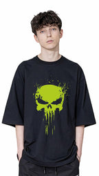 Uniplanet Store Solid Oversize Black Punisher Round Neck Cotton Printed Black T Shirt For Men