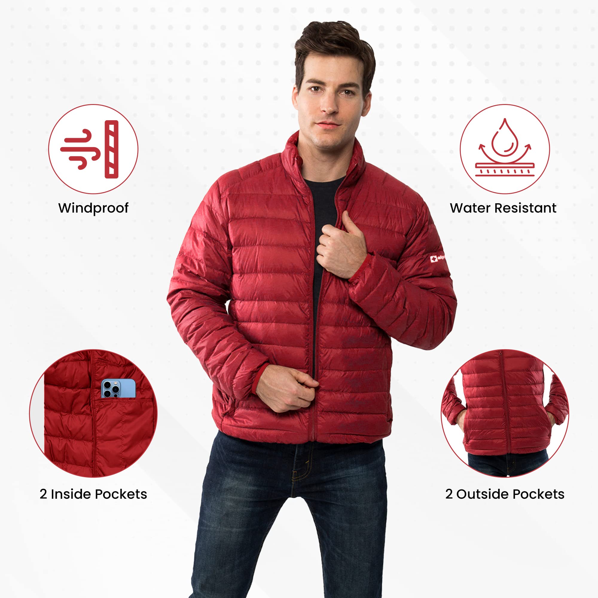 Alpine Swiss Niko Mens Down Alternative Jacket Puffer Coat Packable Warm Insulation & Lightweight RED 2XL