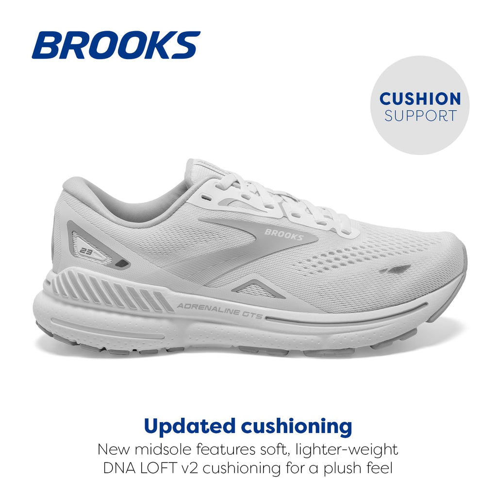 Brooks Womens Adrenaline GTS 23 Supportive Running Shoe - White/Oyster/Silver - 8 Medium