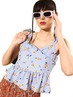 Rare Women Casual Blue Colour Sweetheart Neck Floral Peplum Top