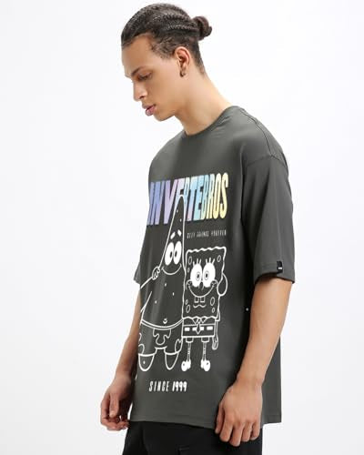 Bewakoof Official Spongebob Merchandise Mens Graphic Print Oversized Fit Half Sleeve Round Neck Cotton Jersey T-Shirt_648703_Gr