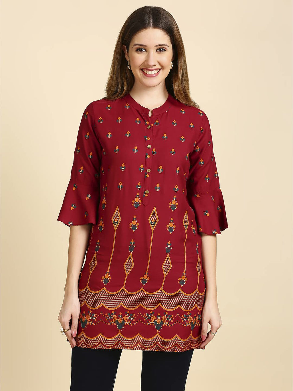 Anubhutee Maroon Floral Printed Straight Short Cotton Kurti For Women