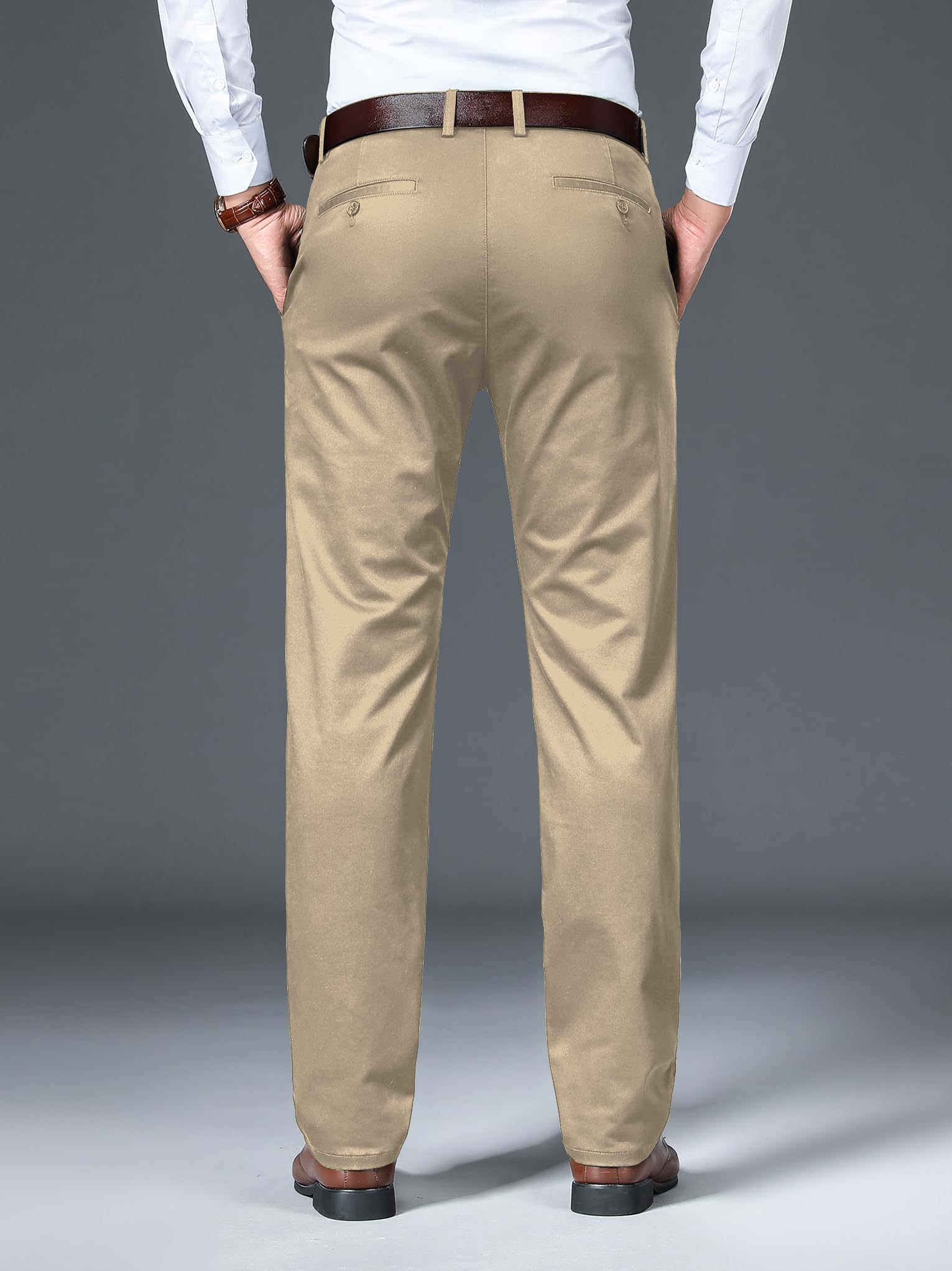 AVANOVA Mens Solid Khakhi Mid Rise Trousers Light Business Style Slightly Stretch Straight Leg Pants for Outdoor Casual Daily T