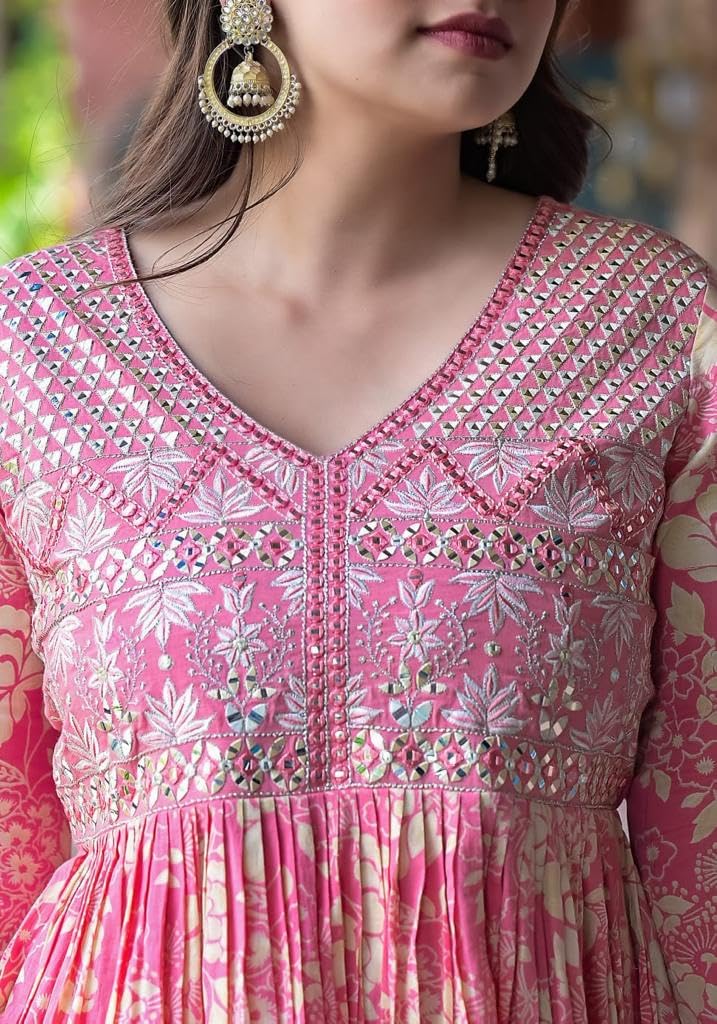 Varanga Women Pink Floral Printed Mirror Work Anarkali Kurta With Sharara And Dupatta