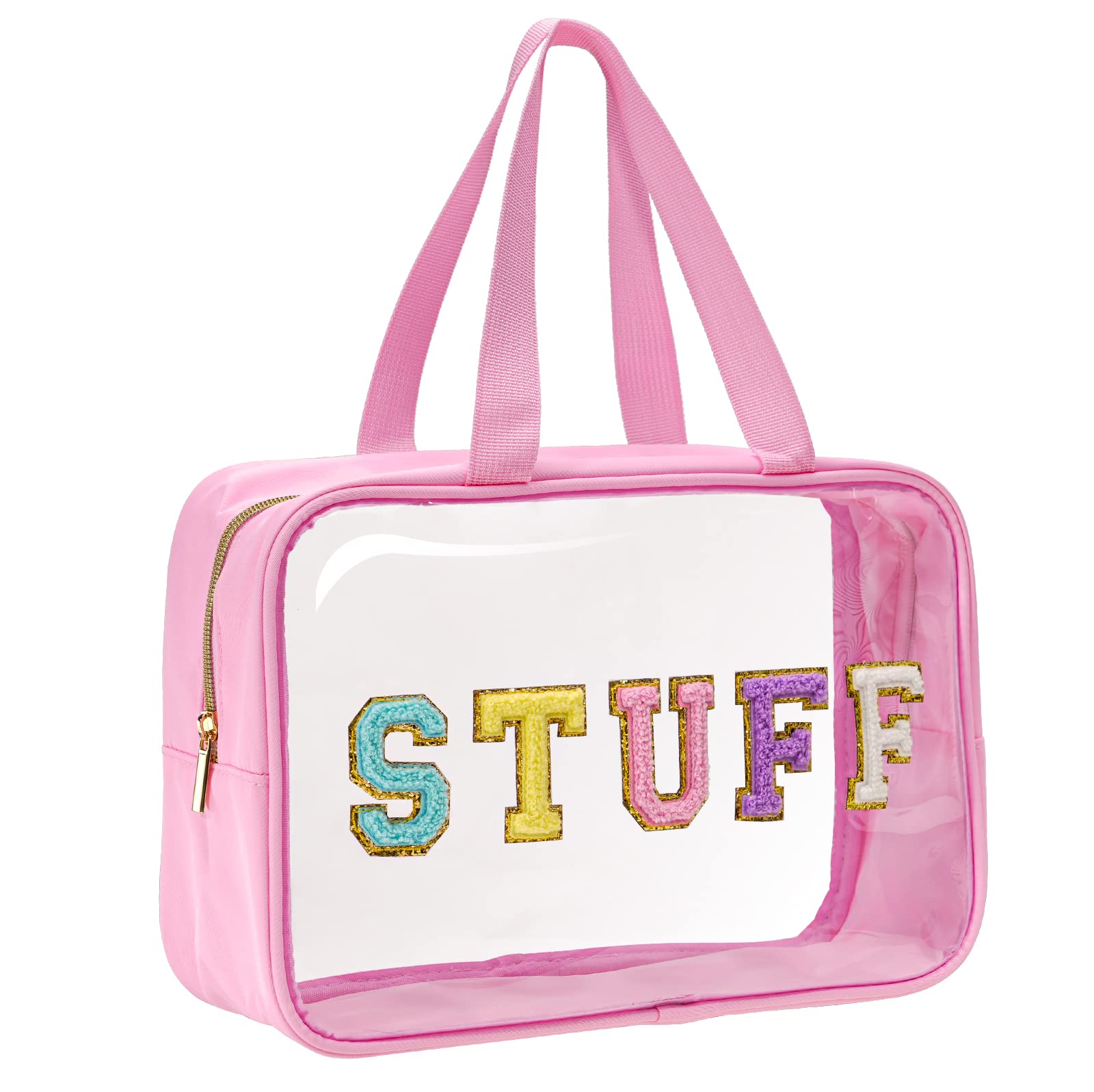 Yowivon Clear Stuff Tote Bag Pink Big Travel Cosmetic Makeup Toiletry Bag with Handle and Zipper, Transparent Waterproof Beach S