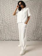 Hubberholme Women Cotton Solid Oversized Fit High-Rise Spread Collar Half Sleeves Co-Ord
