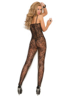 Elegant Moments Women's Rose Lace Bodystocking with Open Crotch, Black, One Size