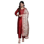 Varanga Women Maroon Woven Zari Embroidered Straight Kurta With Bottom And Dupatta, Round Neck, Zari Work At Placket, Three-Quar