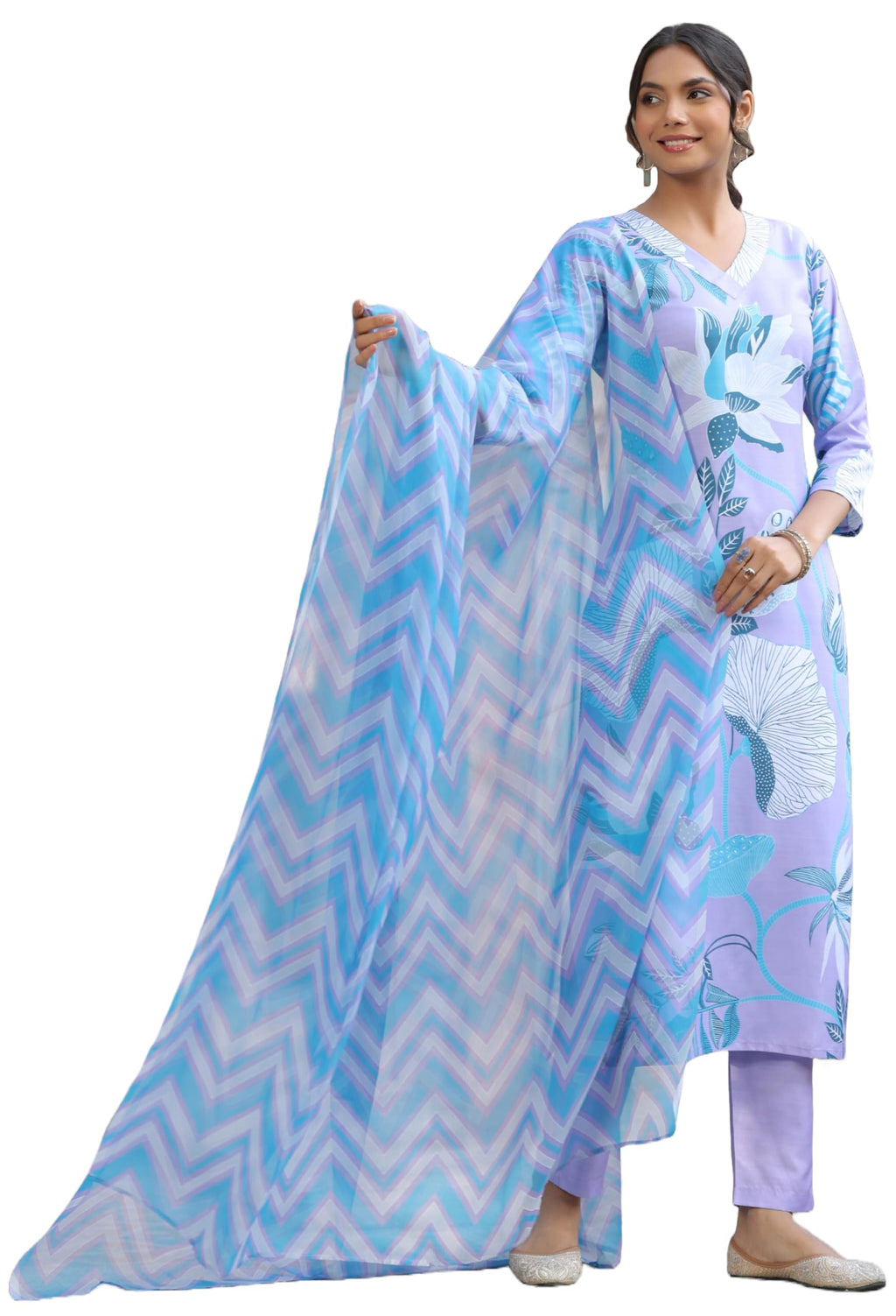 ANNI DESIGNER Womens Cotton Blend Straight Printed Kurta with Pant & Dupatta (Sohini Purple_M_Purple_Medium)