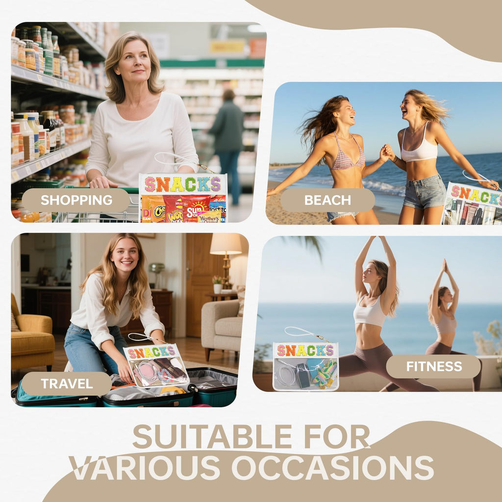 Burskit Snack Bag Clear Chenille Varsity Letter Zipper Pouch for Travel Nylon Clear Cosmetic Bag Makeup Travel Bag for Women (Wh