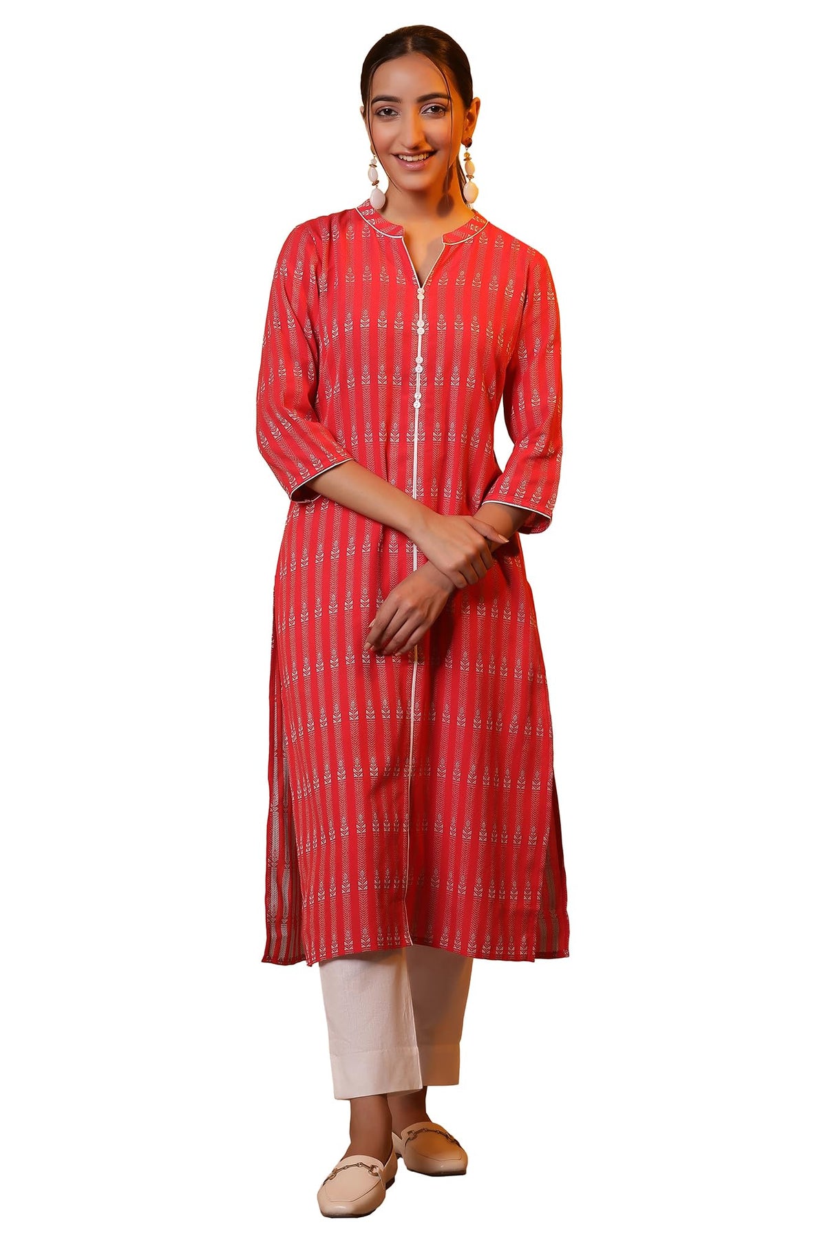 Aurelia Women Striped Rayon Straight Kurta_24FEA14848_M Red
