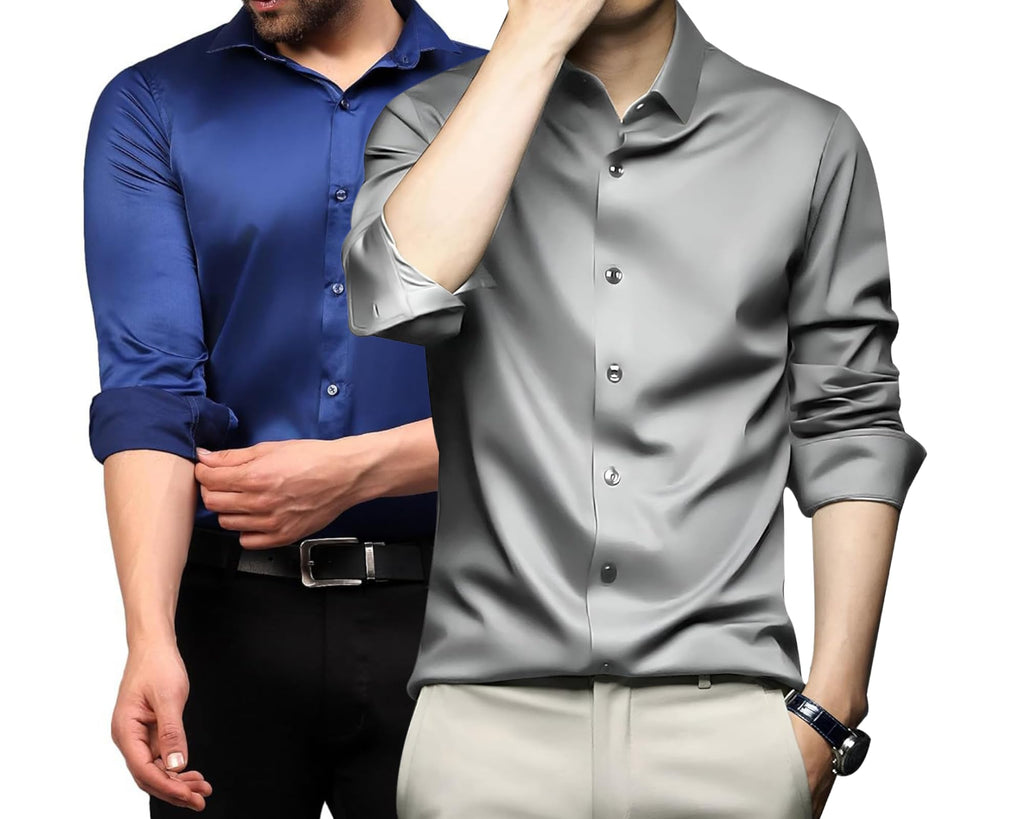 Deelmo Combo Of MenS Stylish Solid Satin Casual Shirt For Men Full Sleeves| Poly Satin Silk Shirt Pack Of 2
