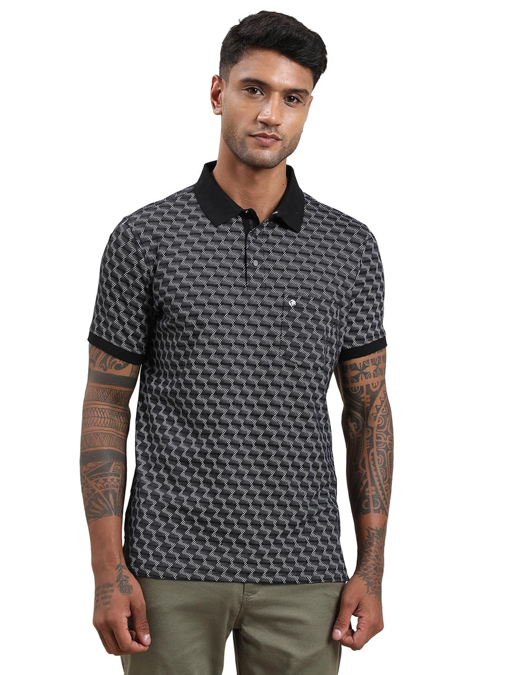 Turtle Men Slim Fit Printed Black Cotton Stretch Polo Tshirt