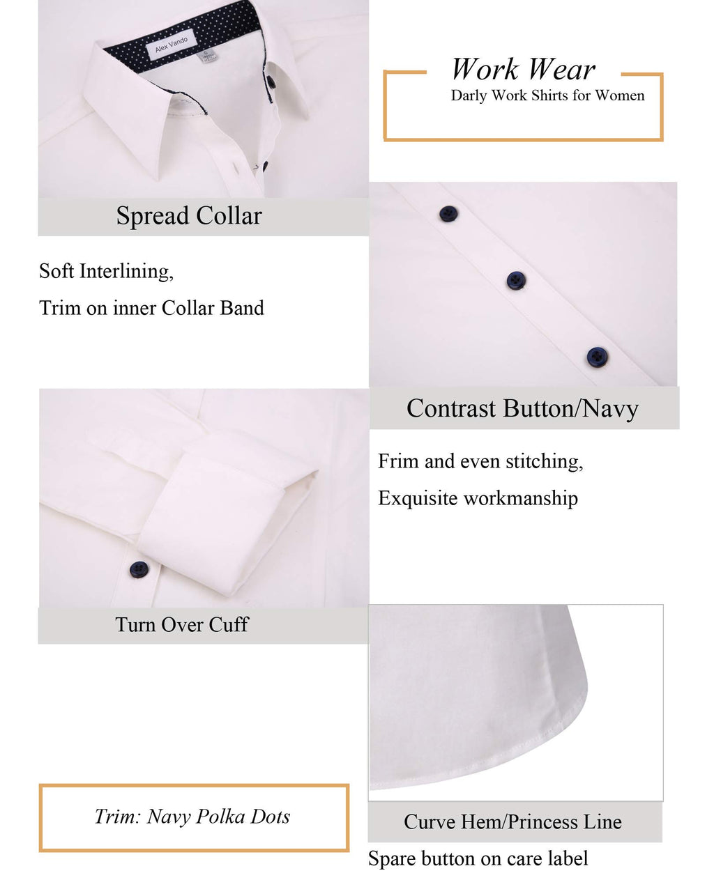 Alex Vando Womens Dress Shirts Regular Fit Long Sleeve Stretch Work Shirt,White,S