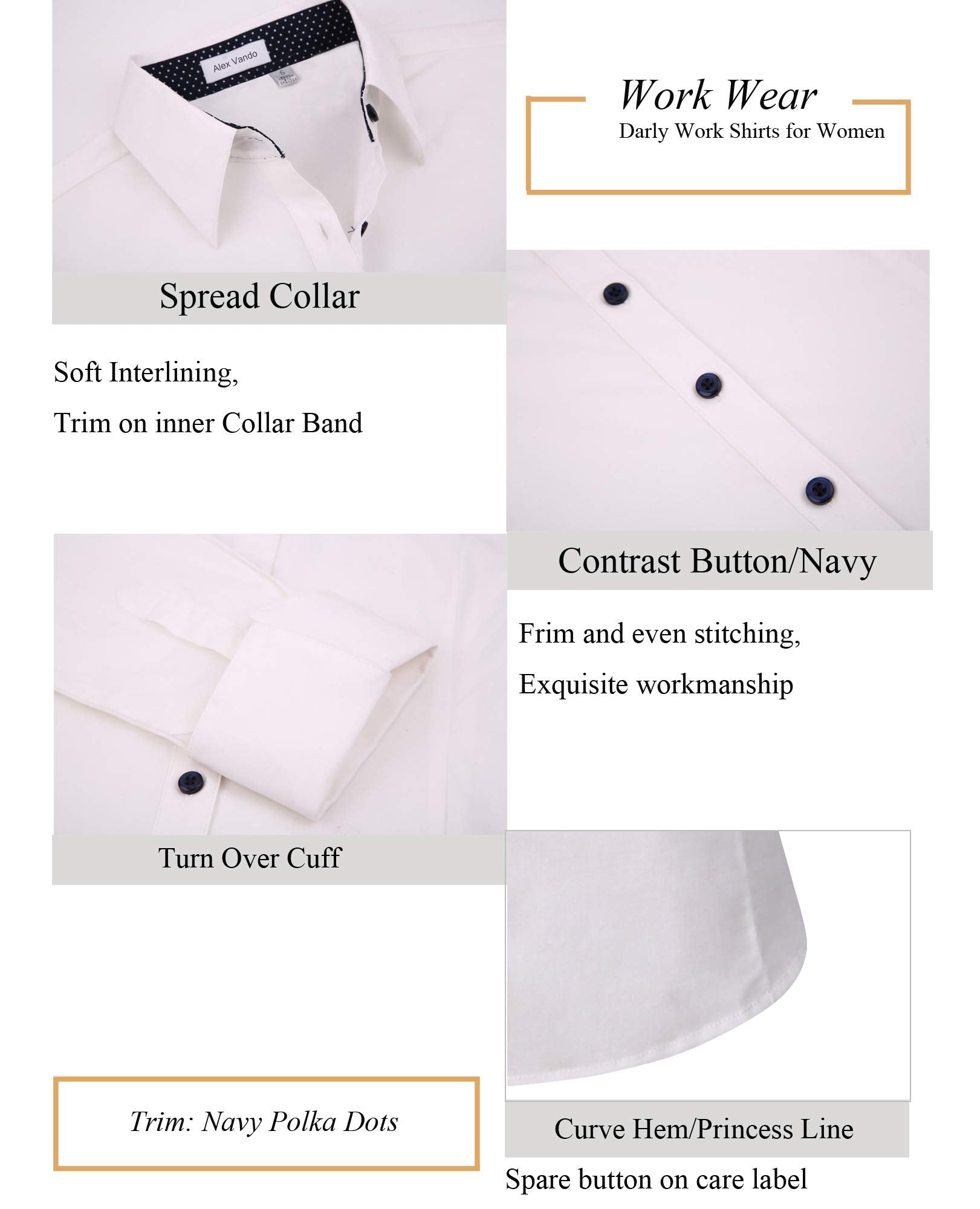 Alex Vando Womens Dress Shirts Regular Fit Long Sleeve Stretch Work Shirt,White,S