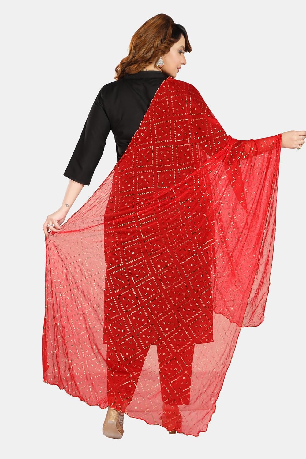 Fabme Women'S Silk Blend Printed Dupatta With Embellish Golden Border Red, Free Size