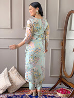 Naixa Womens Organza Embroidered Straight Kurta with Pant and Dupatta Sets